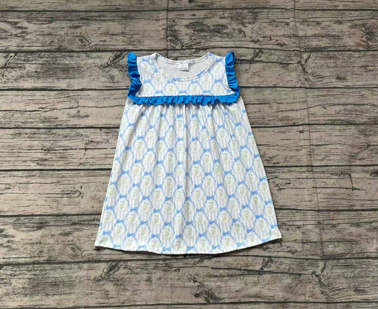 (Pre-order)GSD1893  Flowers Bows Blue Print Girls Summer Knee Length Dress