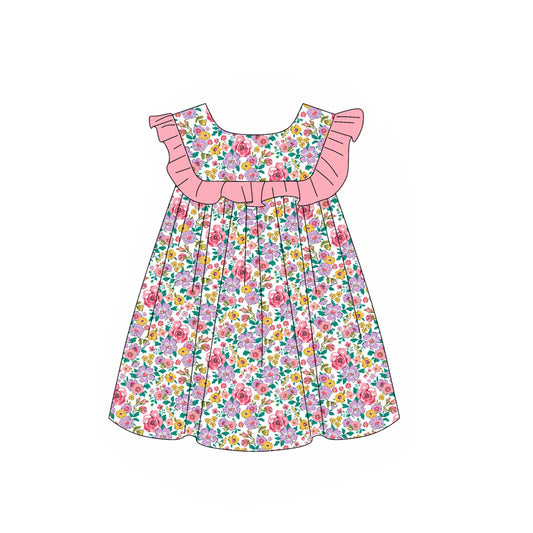 (Pre-order)GSD1894  Small Flowers Print Girls Summer Knee Length Dress
