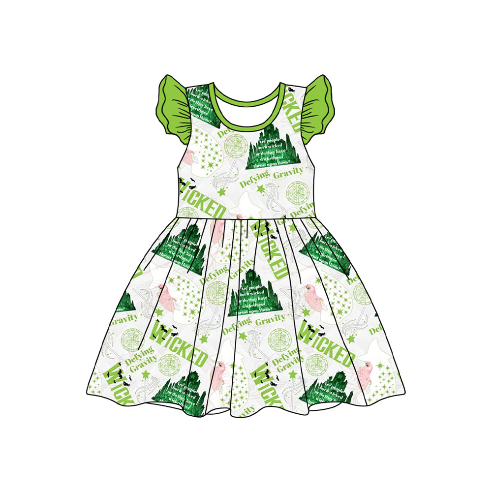 (Pre-order)GSD1896  Movie Wicke* Green Print Girls Summer Knee Length Dress