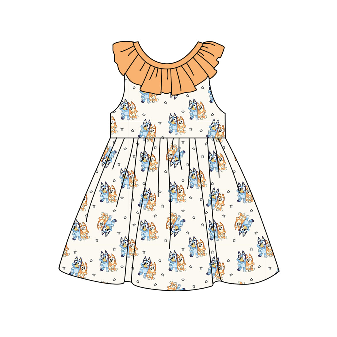 (Pre-order)GSD1897  Cartoon Dog Orange Print Girls Summer Knee Length Dress