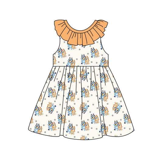 (Pre-order)GSD1897  Cartoon Dog Orange Print Girls Summer Knee Length Dress