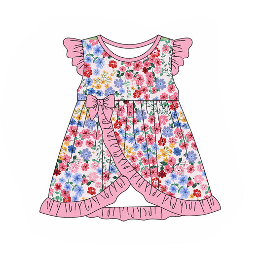 (Pre-order)GSD1904  Pink Flowers Print Girls Summer Knee Length Dress