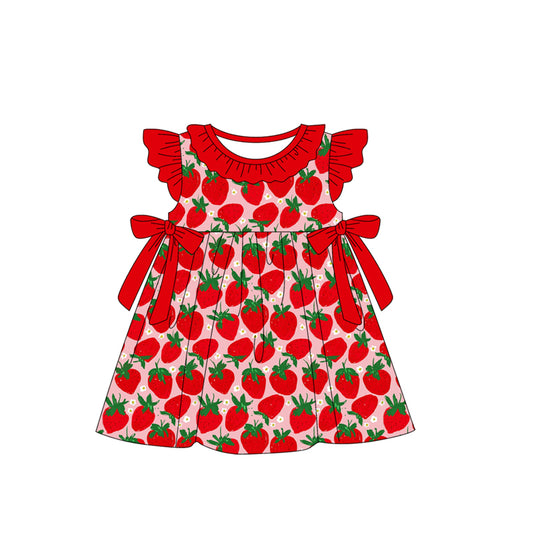 (Pre-order)GSD1910  Strawberry Print Girls Summer Knee Length Dress