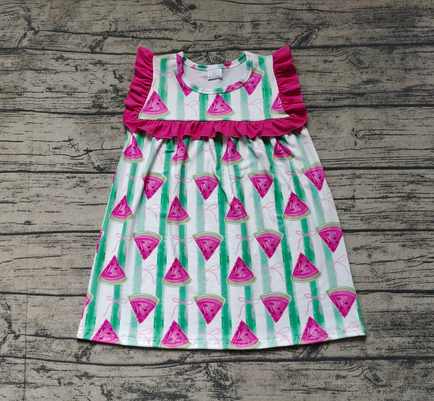 (Pre-order)GSD1911  Watermelon Bows Print Girls Summer Knee Length Dress