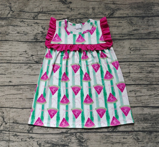 (Pre-order)GSD1911  Watermelon Bows Print Girls Summer Knee Length Dress