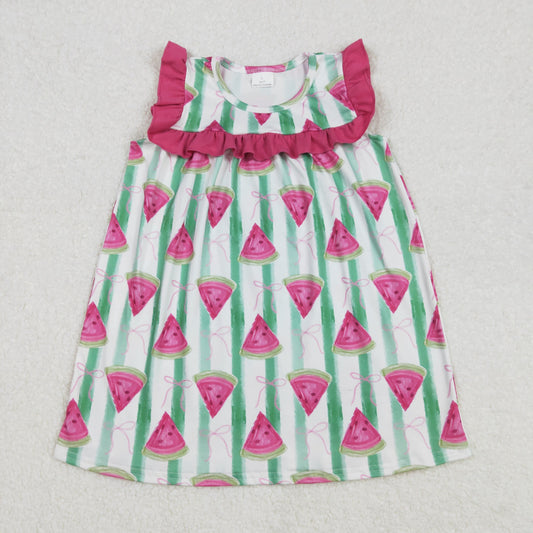 GSD1911  Watermelon Bows Print Girls Summer Knee Length Dress