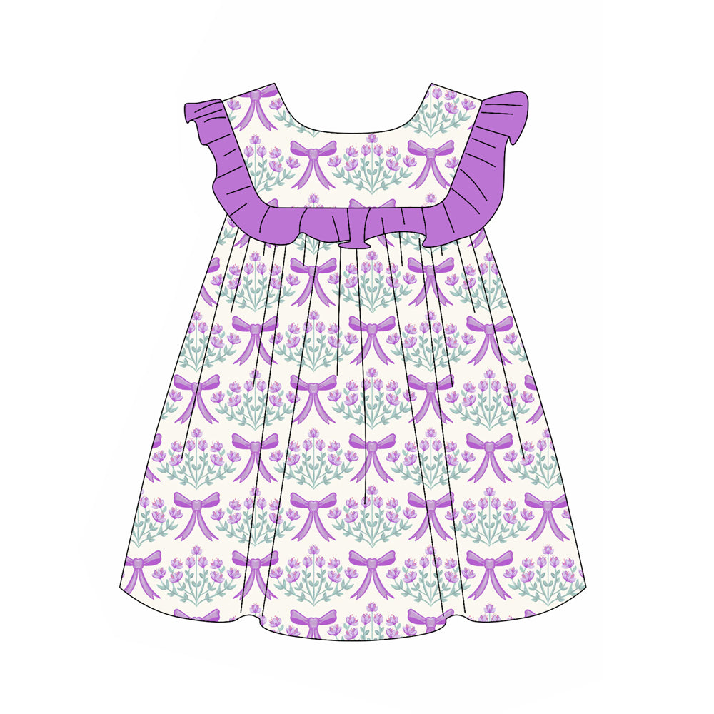 (Pre-order)GSD1919  Purple Flowers Bows Print Girls Summer Knee Length Dress