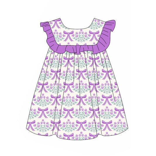 (Pre-order)GSD1919  Purple Flowers Bows Print Girls Summer Knee Length Dress