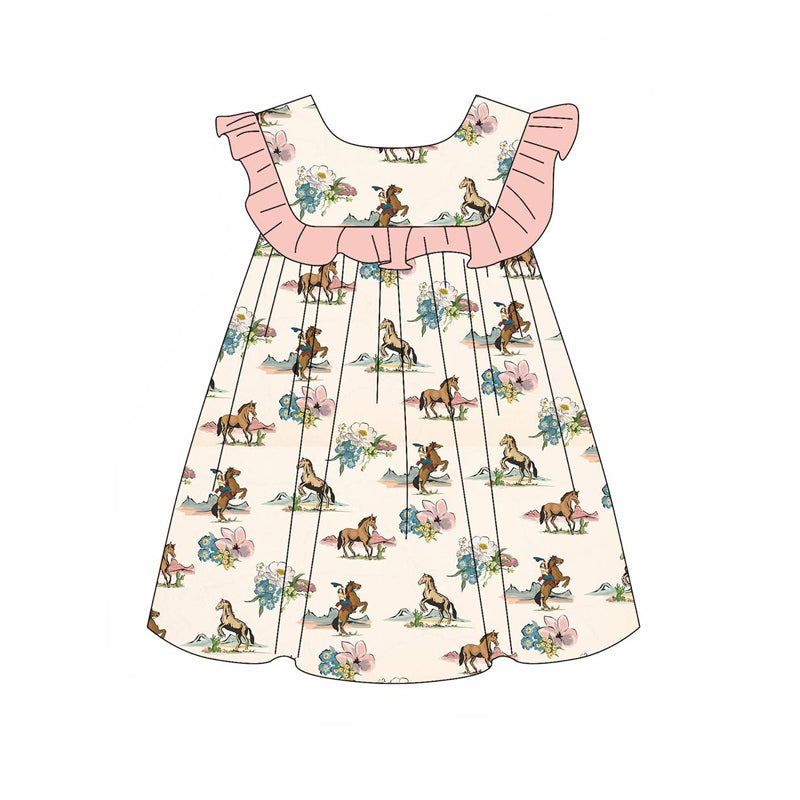 (Pre-order)GSD1940  Horse Flowers Print Girls Summer Knee Length Dress
