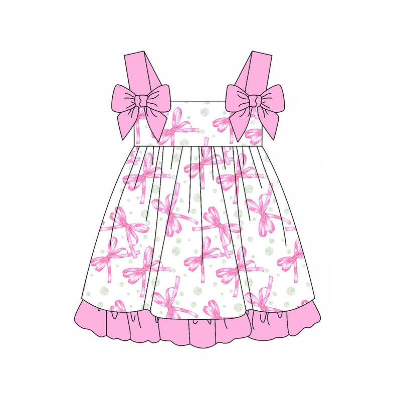 (Pre-order)GSD1942  Pink Bows Print Girls Summer Knee Length Dress