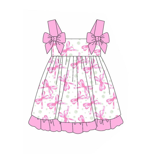 (Pre-order)GSD1942  Pink Bows Print Girls Summer Knee Length Dress