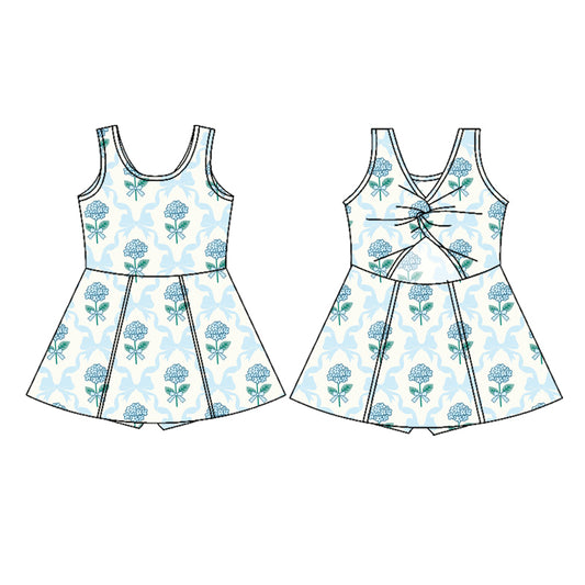 (Pre-order)GSD1944  Blue Bows Flowers Print Girls Summer Backless Knee Length Athletic Dress