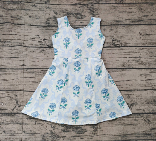 (Pre-order)GSD1944  Blue Bows Flowers Print Girls Summer Backless Knee Length Athletic Dress