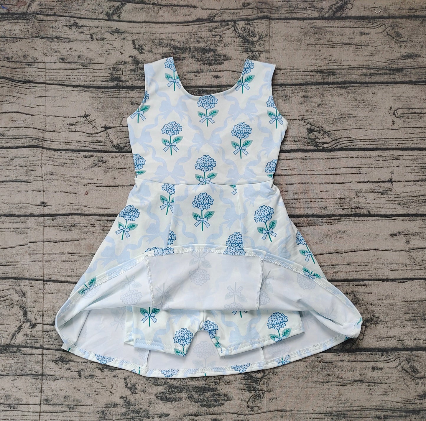 (Pre-order)GSD1944  Blue Bows Flowers Print Girls Summer Backless Knee Length Athletic Dress