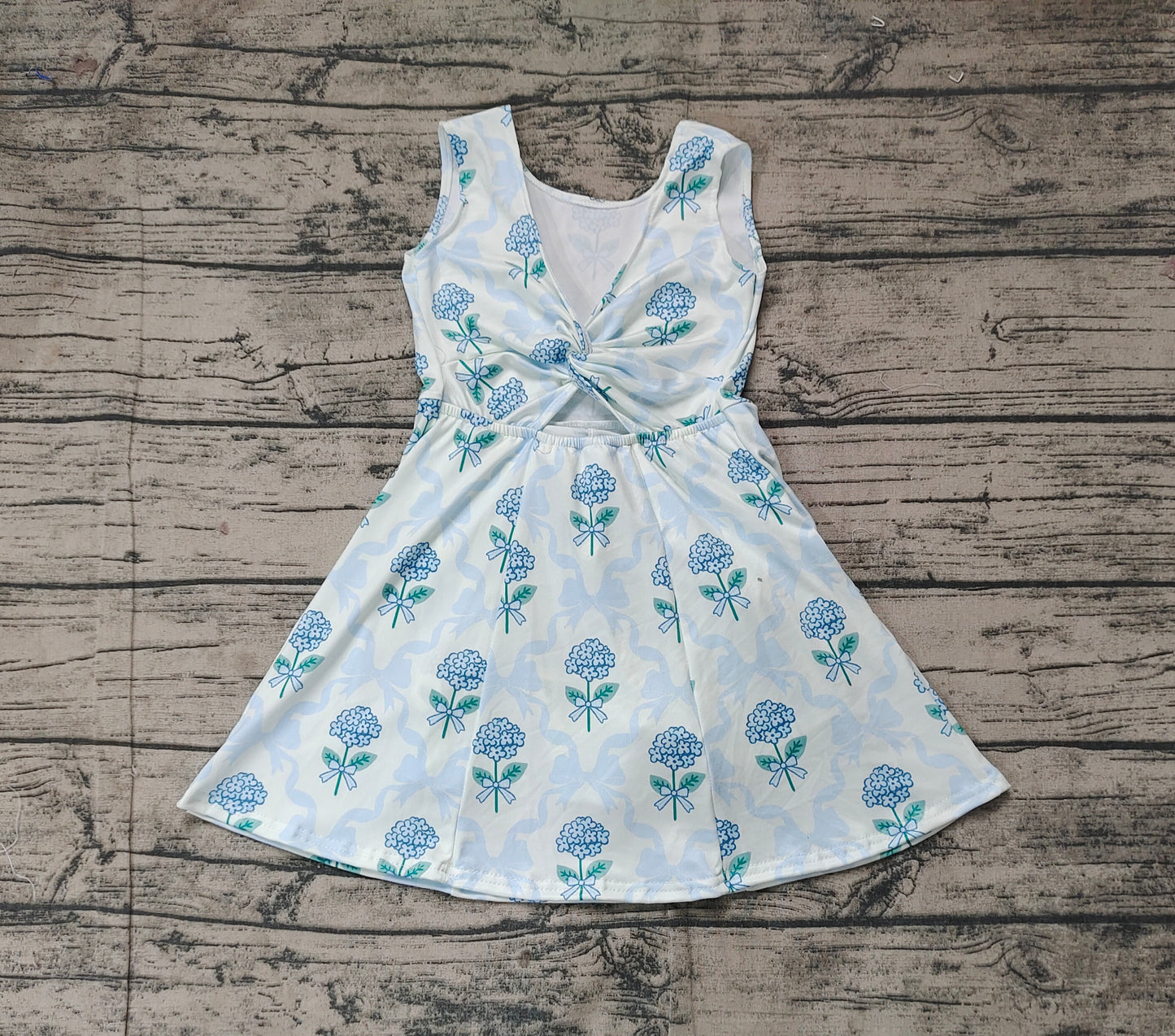 (Pre-order)GSD1944  Blue Bows Flowers Print Girls Summer Backless Knee Length Athletic Dress