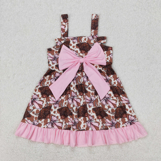 GSD1945  Highland Cow Pink Bows Print Girls Summer Knee Length Dress