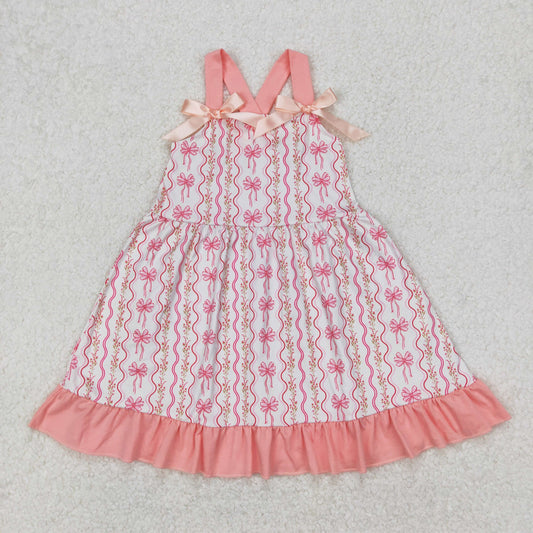 GSD1950  Small Flowers Pink Bows Print Girls Summer Knee Length Dress