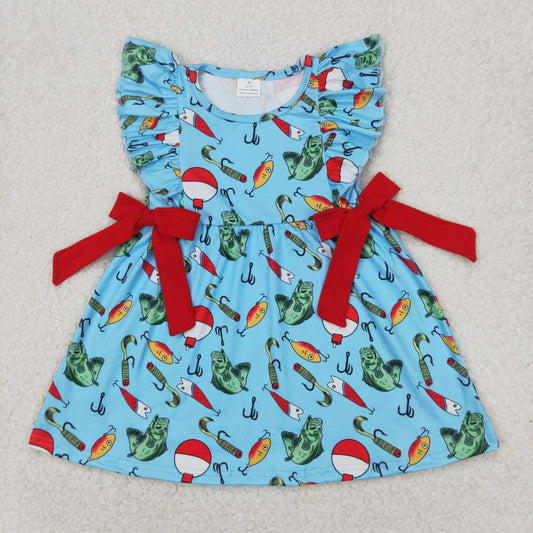 GSD1953  Fishing Print Girls Summer Knee Length Dress