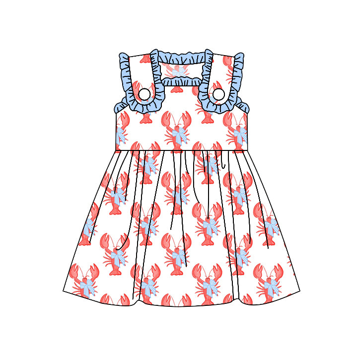 (Pre-order)GSD1955  Crayfish Bows Print Girls Summer Knee Length Dress