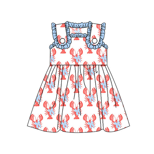 (Pre-order)GSD1955  Crayfish Bows Print Girls Summer Knee Length Dress