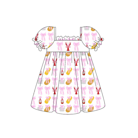 (Pre-order)GSD1958  Crayfish Pink Bows Print Girls Summer Knee Length Dress