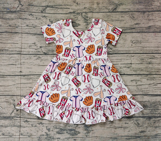 (Pre-order)GSD1960  Baseball Bows Print Girls Summer Knee Length Dress