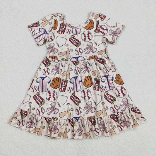 GSD1960  Baseball Bows Print Girls Summer Knee Length Dress