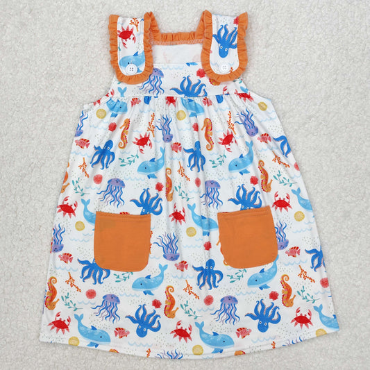 GSD1961  Marine Organism Print Pockets Girls Summer Knee Length Dress