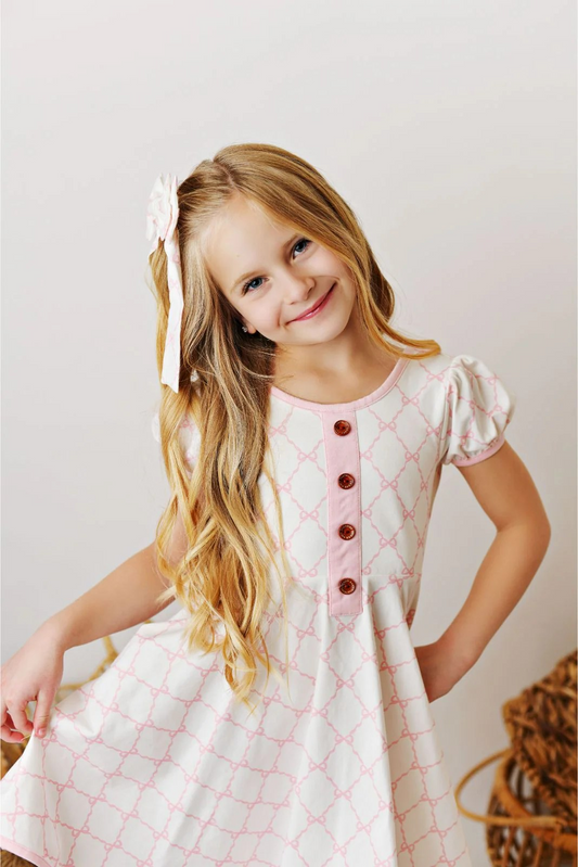 (Pre-order)GSD1963  Pink Bows Print Girls Summer Knee Length Dress