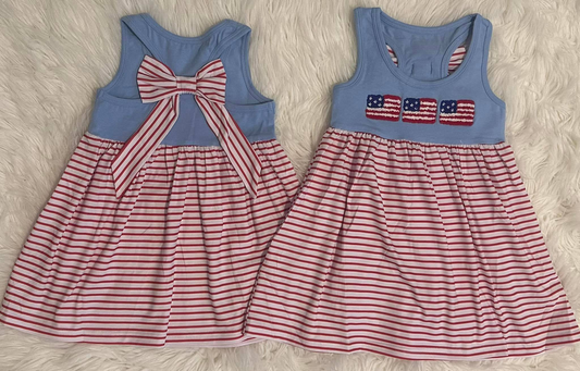 (Pre-order)GSD1964  Flag Print Girls Sleeveless 4th of July Knee Length Dress