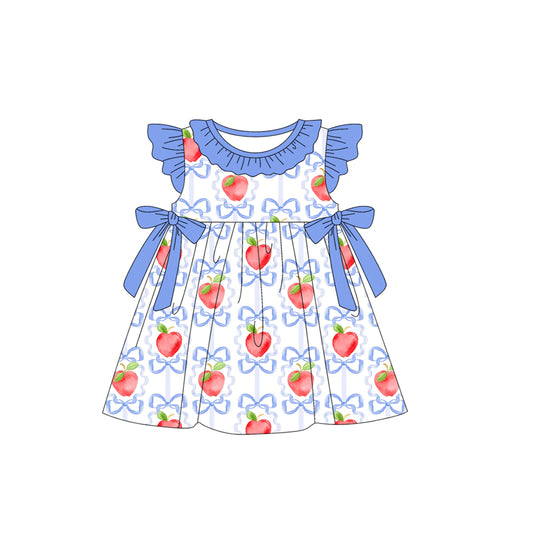 (Pre-order)GSD1966  Apple Bows Print Girls Back to School Knee Length Dress