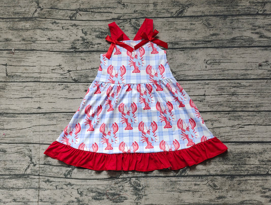 (Pre-order)GSD1968  Crayfish Bows Plaid Print Girls Summer Knee Length Dress