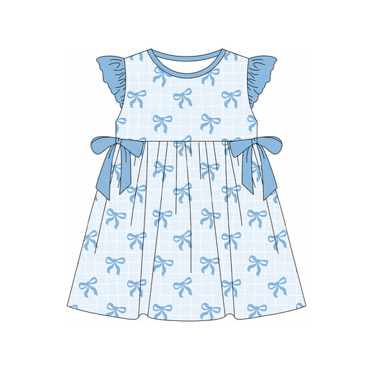 (Pre-order)GSD1969  Blue Bows Print Girls Summer Knee Length Dress