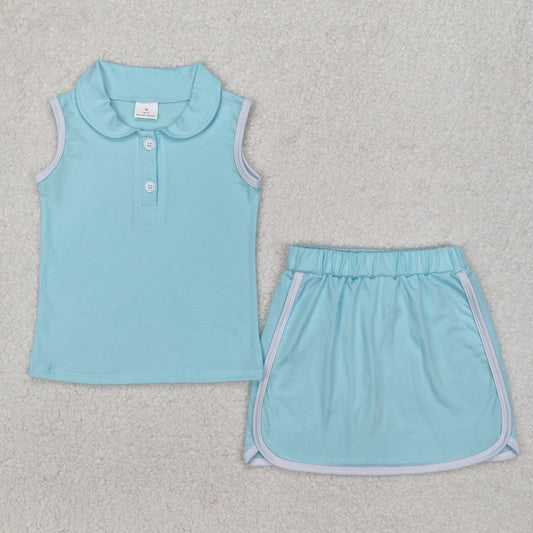 GSD1973  Blue Color Sleeveless Polo Top Skirts Shorts Girls Summer Sports Clothes Set