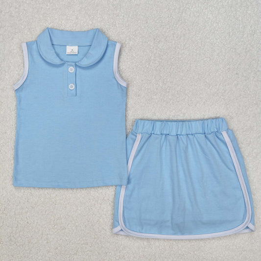 GSD1974  Blue Color Sleeveless Polo Top Skirts Shorts Girls Summer Sports Clothes Set