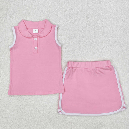 GSD1975  Pink Color Sleeveless Polo Top Skirts Shorts Girls Summer Sports Clothes Set