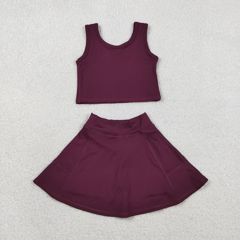 GSD1981 Wine Color Tank Top Skirts Shorts Girls Summer Yoga Clothes Set