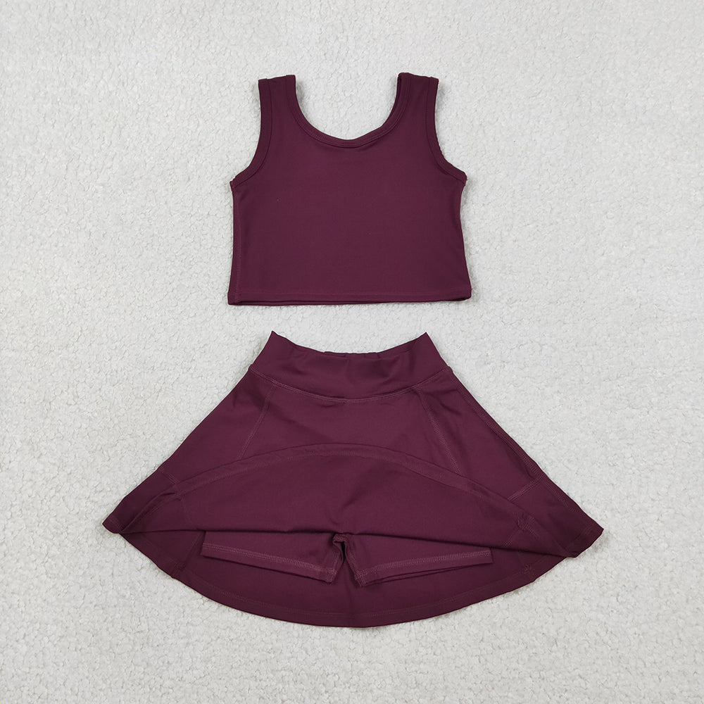 GSD1981 Wine Color Tank Top Skirts Shorts Girls Summer Yoga Clothes Set