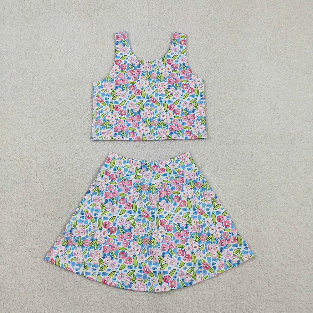 GSD1988 Pink Blue Flowers Tank Top Skirts Shorts Girls Summer Yoga Clothes Set