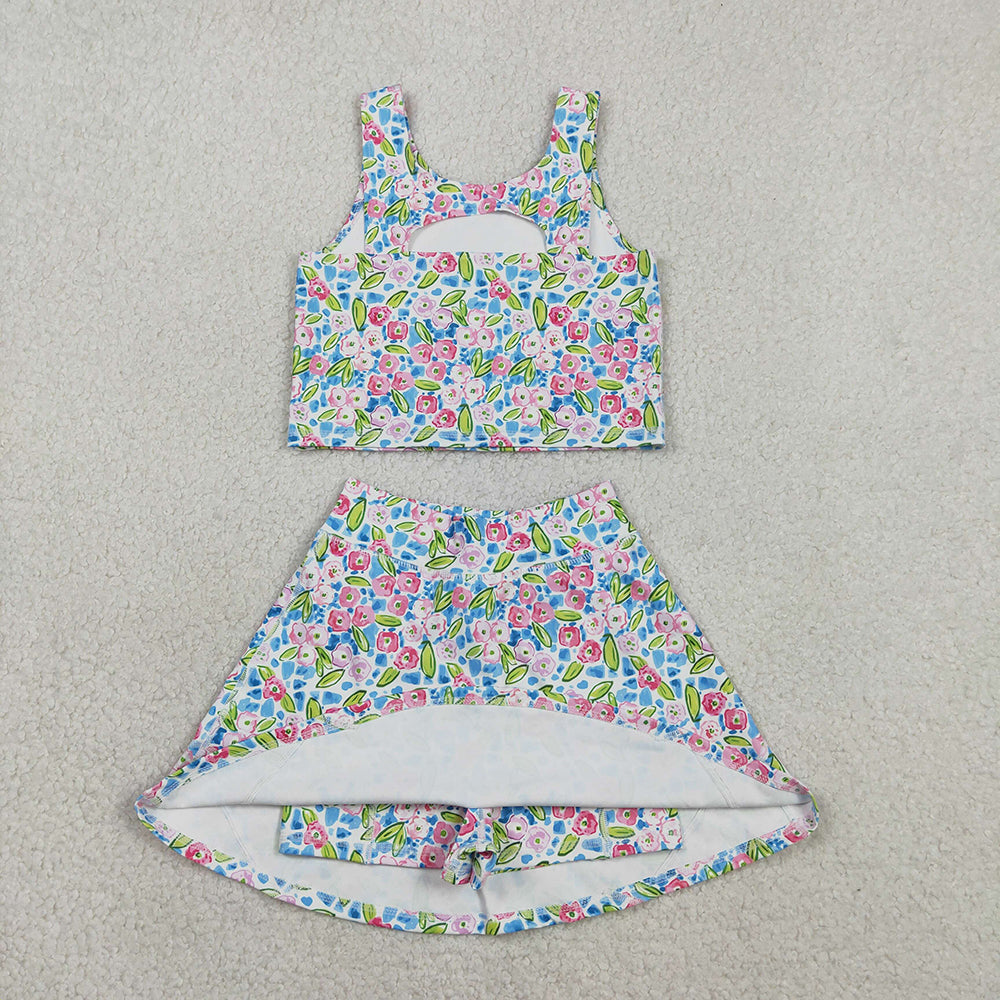 GSD1988 Pink Blue Flowers Tank Top Skirts Shorts Girls Summer Yoga Clothes Set