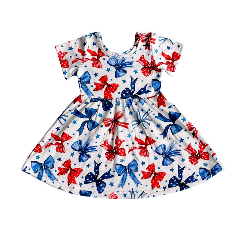 (Pre-order)GSD1993 Bows Stars Print Girls 4th of July Knee Length Dress