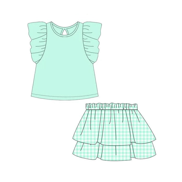 (Pre-order)GSD2000 Flutter Sleeves Green Top Plaid Skirts Girls Summer Clothes Set