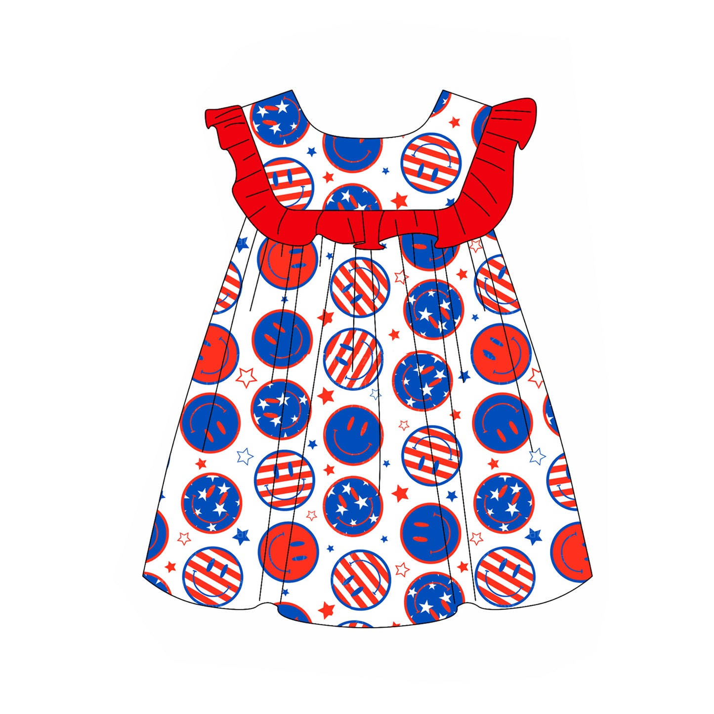 (Pre-order)GSD2007  Smiling Face Stars Print Girls 4th of July Knee Length Dress