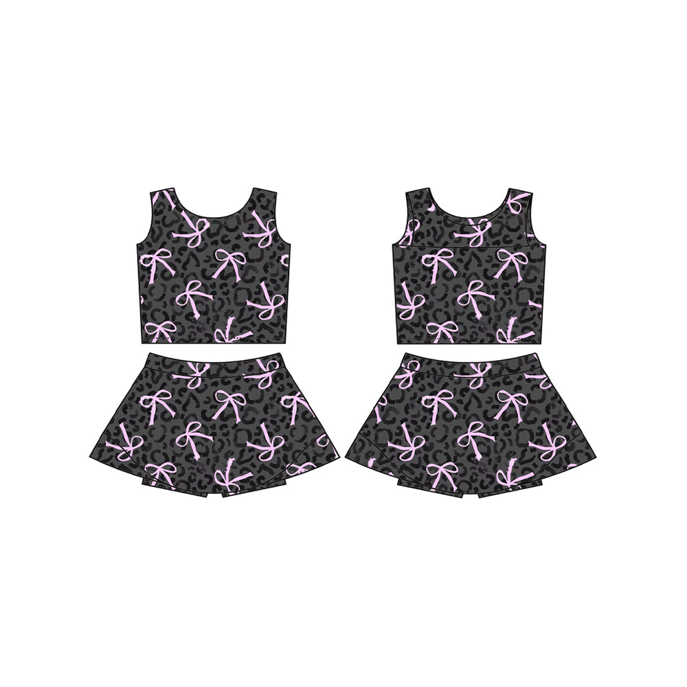 (Pre-order)GSD2008 Bows Pink Leopard Vest Top Shorts Skirts Girls Yoga Summer Athletic Clothes Set