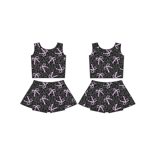 (Pre-order)GSD2008 Bows Pink Leopard Vest Top Shorts Skirts Girls Yoga Summer Athletic Clothes Set