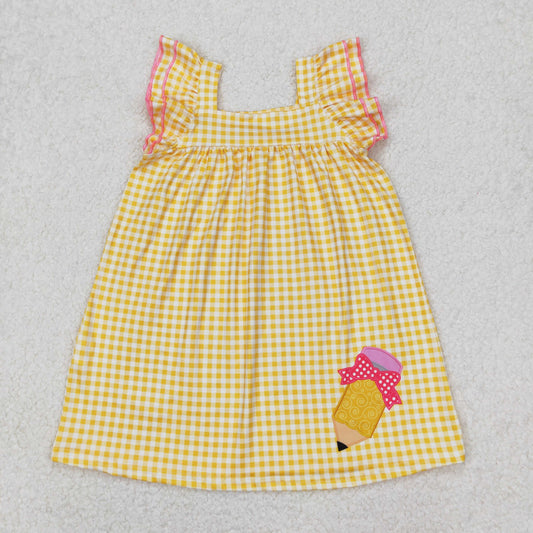 GSD2012 Pen Yellow Plaid Print Girls Back to School Knee Length Dress