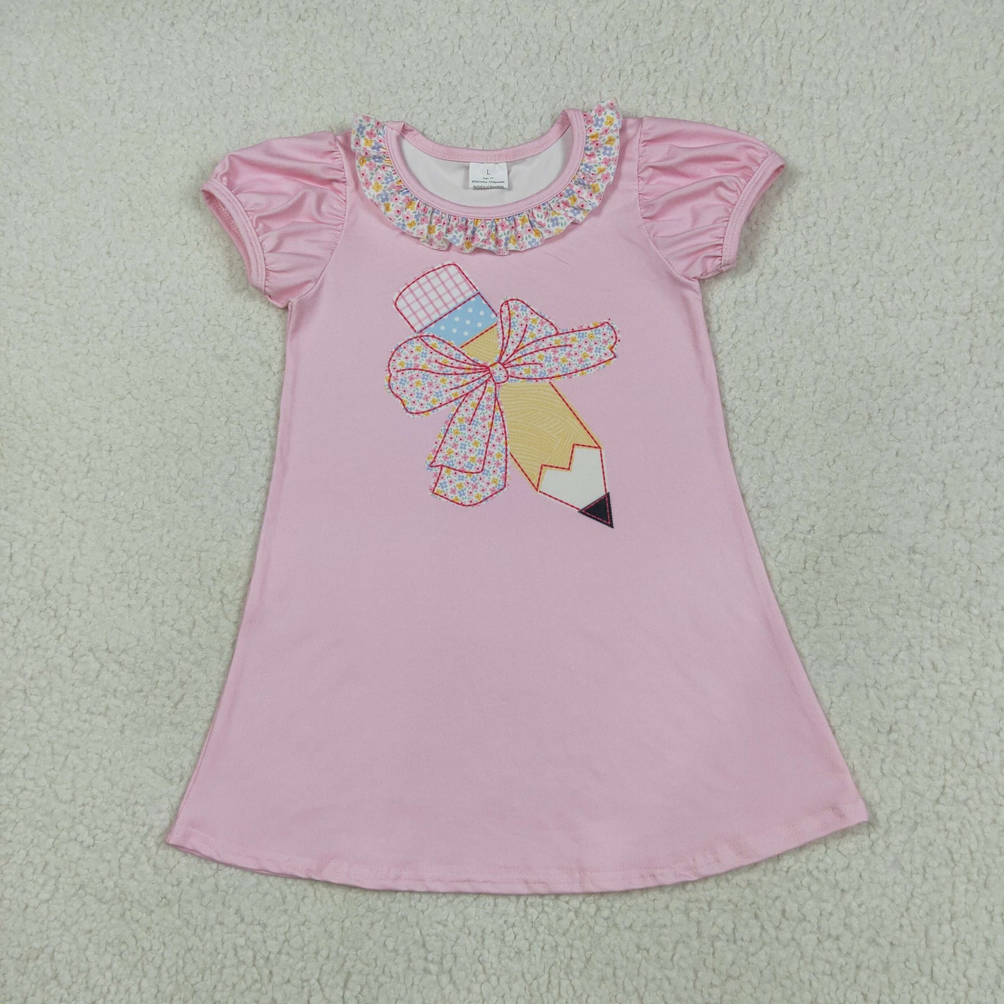 GSD2017 Pen Flowers Bows Print Girls Back to School Knee Length Dress