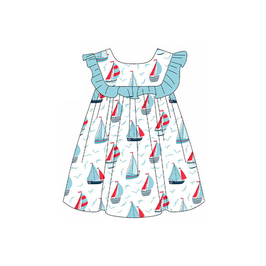 (Pre-order)GSD2021  Sailboat Blue Print Girls Summer Knee Length Dress