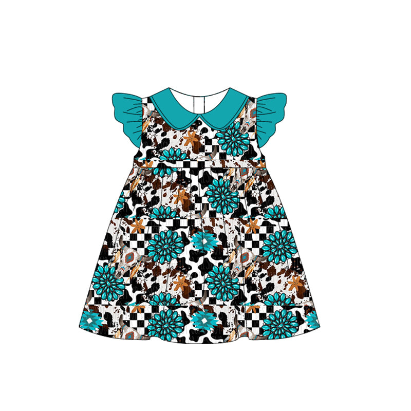 (Pre-order)GSD2022  Cow Skull Turquoise Print Girls Summer Knee Length Dress