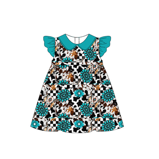 (Pre-order)GSD2022  Cow Skull Turquoise Print Girls Summer Knee Length Dress
